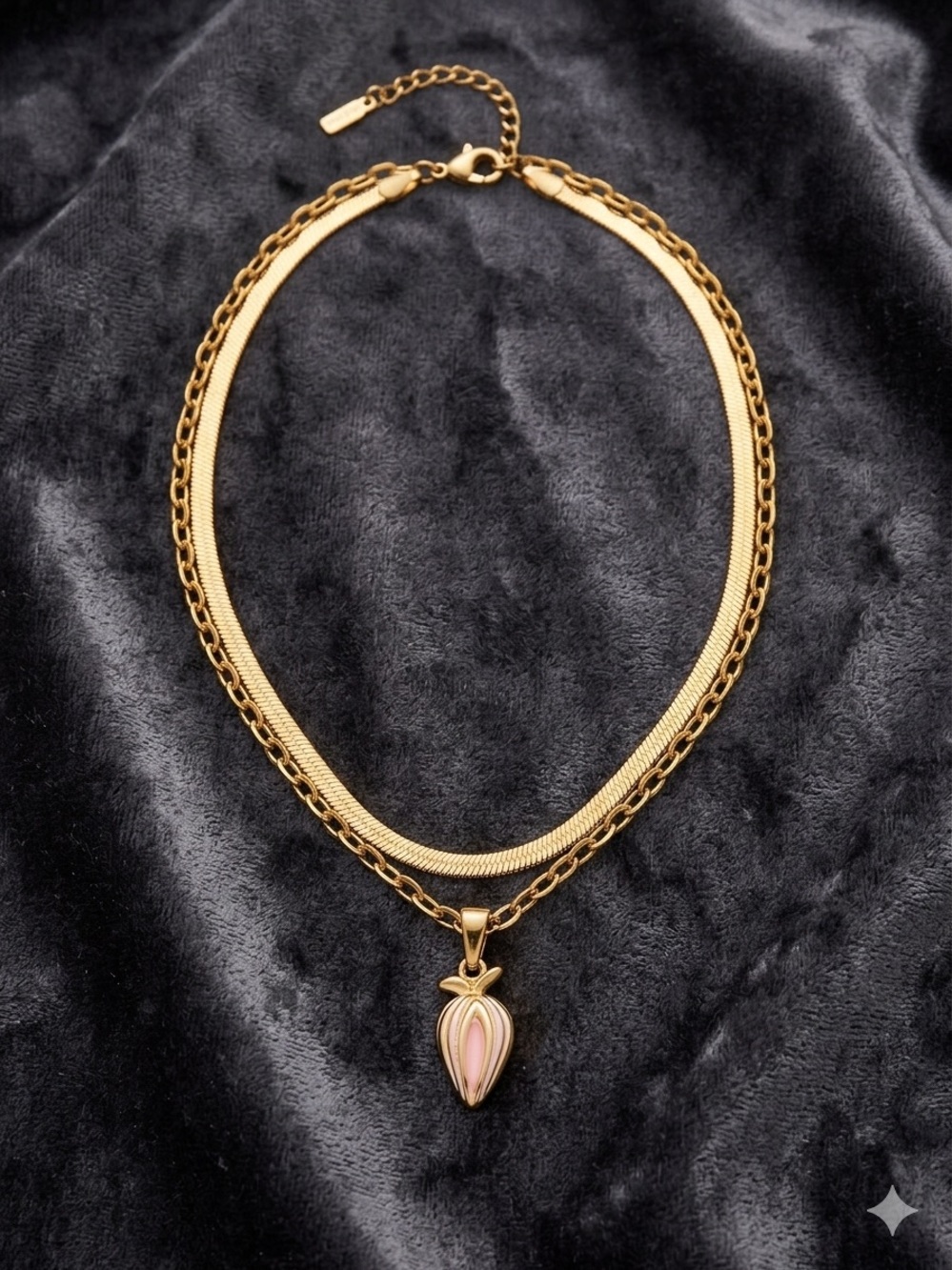 Gold-Tone Double Chain Necklace with Pink Pendant